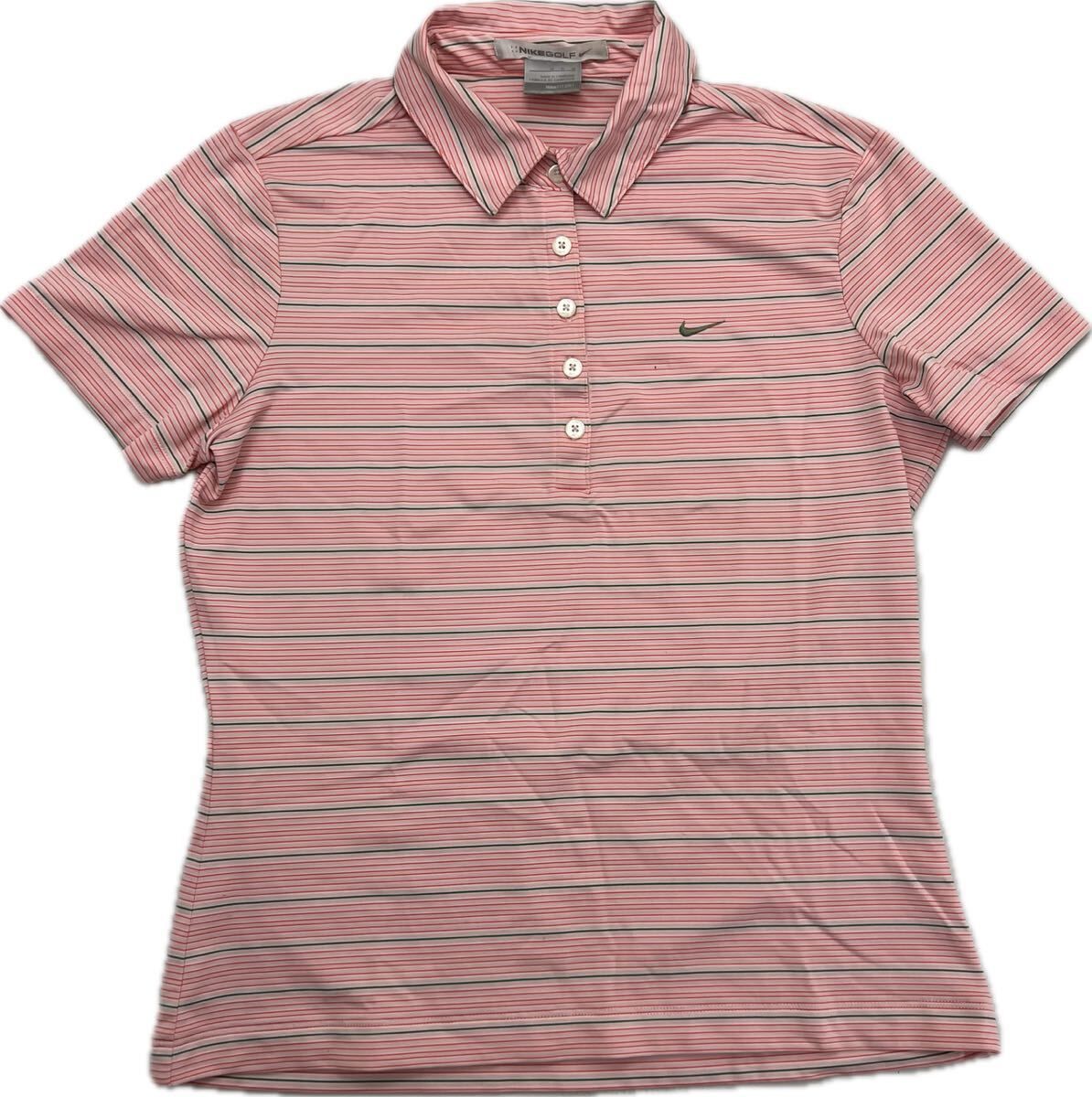 【中古】 NIKE GOLF ☆ 速乾 ドライ フィット ボーダー ピンク 半袖 ポロシャツ ピンク レディース M スポーツ トレーニング ナイキ ゴルフ■H300