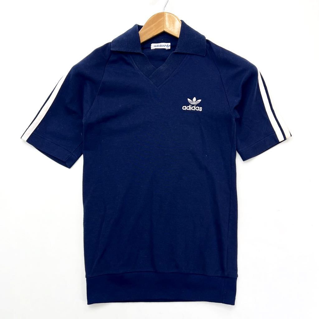 Rakuten - 【中古】80s ☆ adidas ☆ レトロサッカー◎ 半袖 襟付 シャツ Tシャツ ビンテージ ブルー ネイビー S相当 ストリート 古着MIX アディダス■AC259