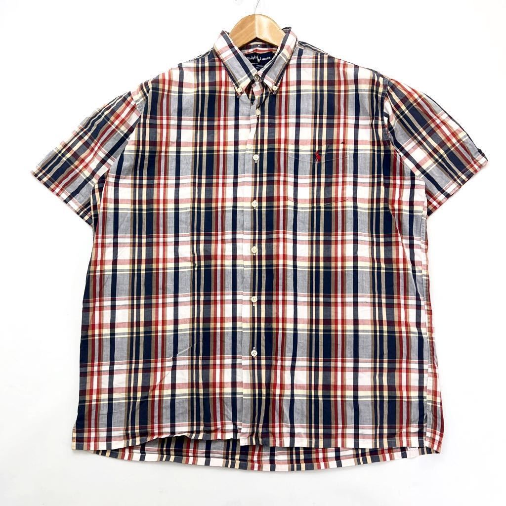 Rakuten - 【中古】RALPH LAUREN ☆ GREGGOR 爽やか◎ 半袖 チェック ボタンダウン シャツ レッド ネイビー ベージュ L アメカジ 古着 ラルフローレン■AK241