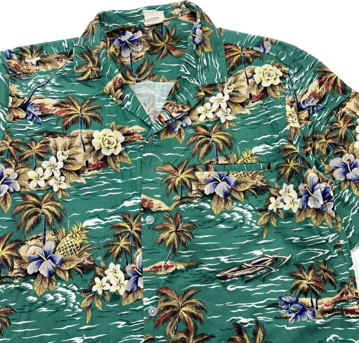 乐天商城 - 【中古】Royal Creations ☆ 人気 アイランド 総柄 グリーン コットン アロハシャツ ハワイアンシャツ M リゾート 古着MIX クリエイションズ■BB218