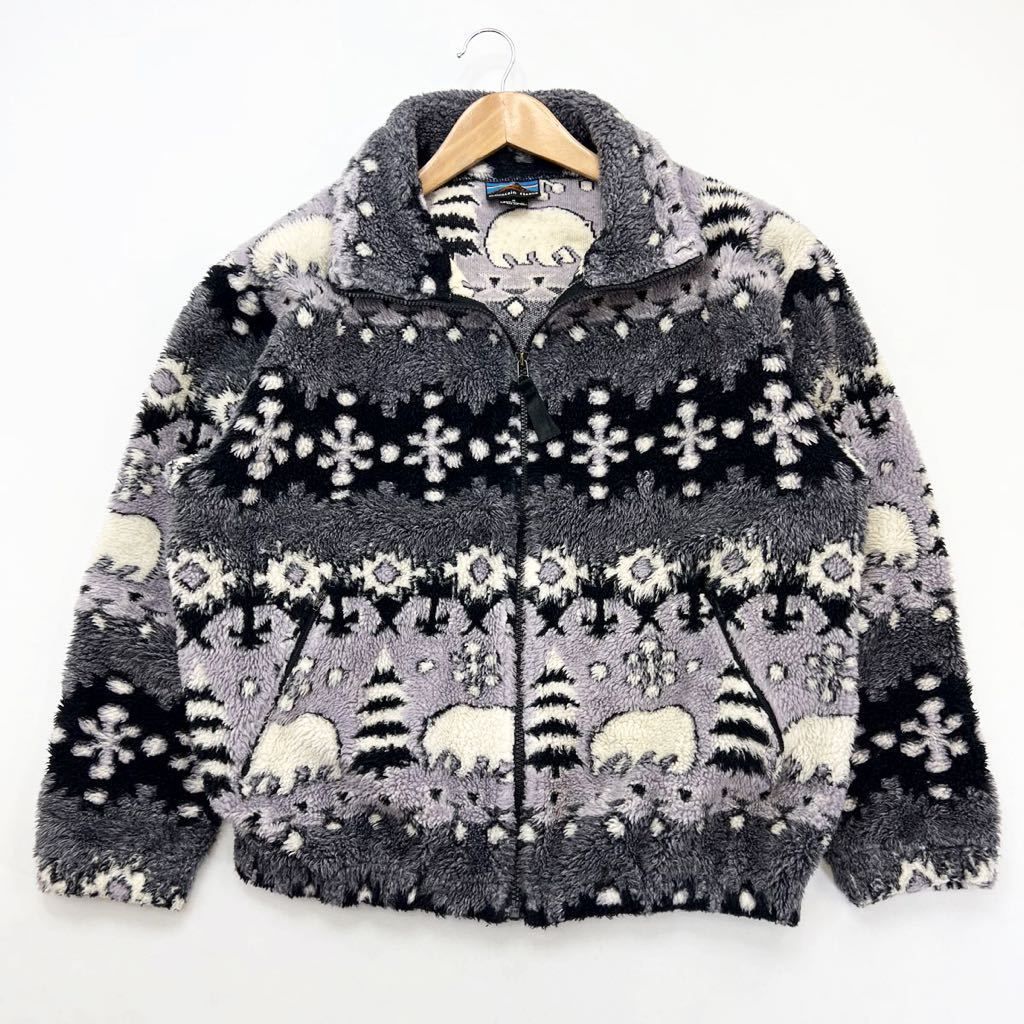 Rakuten - 【中古】mountain fleece ☆ シロクマ 総柄 起毛 フリース ジャケット グレー パープル ブラック M アウトドア キャンプ マウンテンフリース■AC245