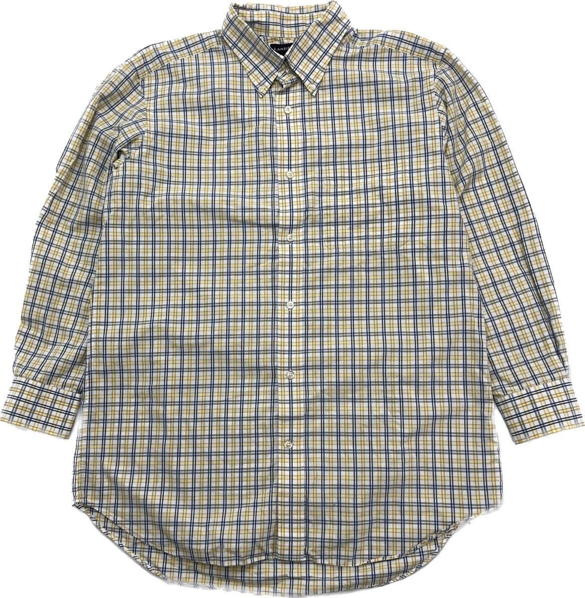 乐天商城 - 【中古】LANDS END ☆ 清潔感抜群◎ 長袖 ボタンダウン チェック シャツ ホワイト イエロー ネイビー 42-80 大人カジュアル ランズエンド■BF213