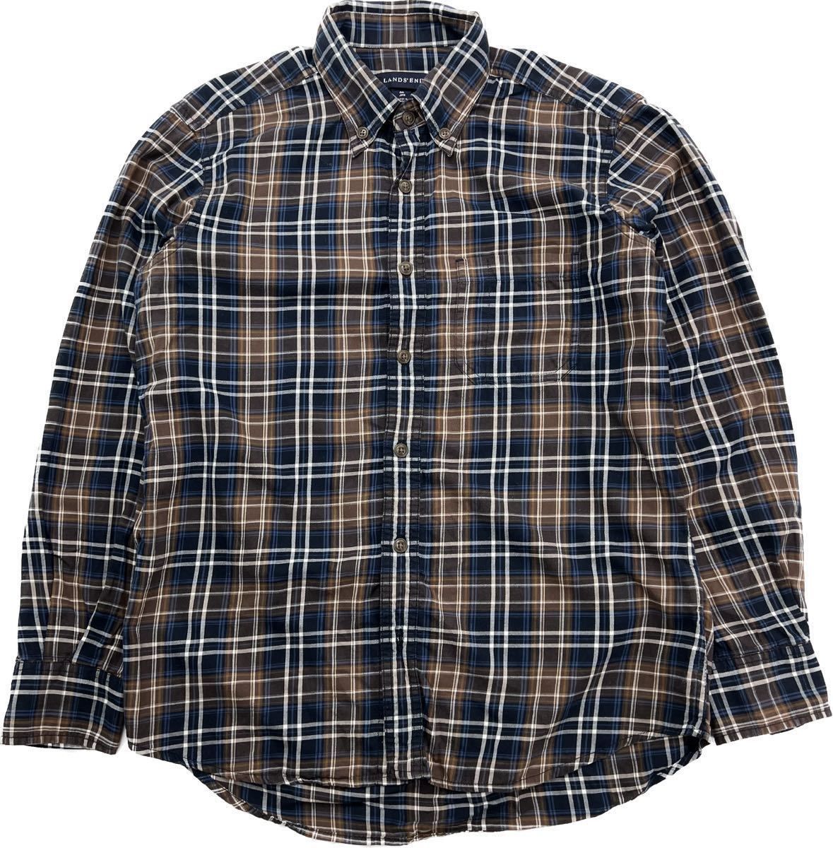 Rakuten - 【中古】LANDS END ☆ 大人好みのデザイン◎ 長袖 チェック シャツ ベージュ ネイビー M 綺麗め◎ アメカジ 大人カジュアル ランズエンド■BF215