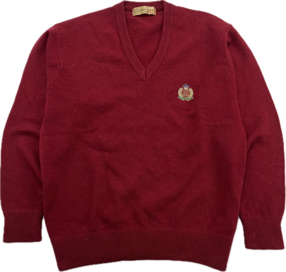 【中古】GRAND MONARCH ☆ GOLF Vネック ウール ニット セーター シャツ エンジ レッド L 紳士 ゴルフ スタイル ミズノ グランドモナーク■EB274