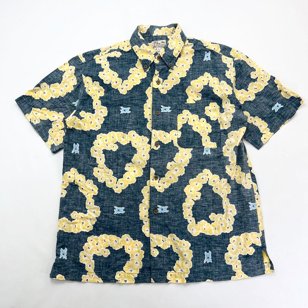 Rakuten - 【中古】Navy Flag ☆ 古着らしい風合い◎ アロハシャツ コットン ハワイアンシャツ 半袖 イエロー グリーン L アメカジ ネイビーフラッグ■EC173