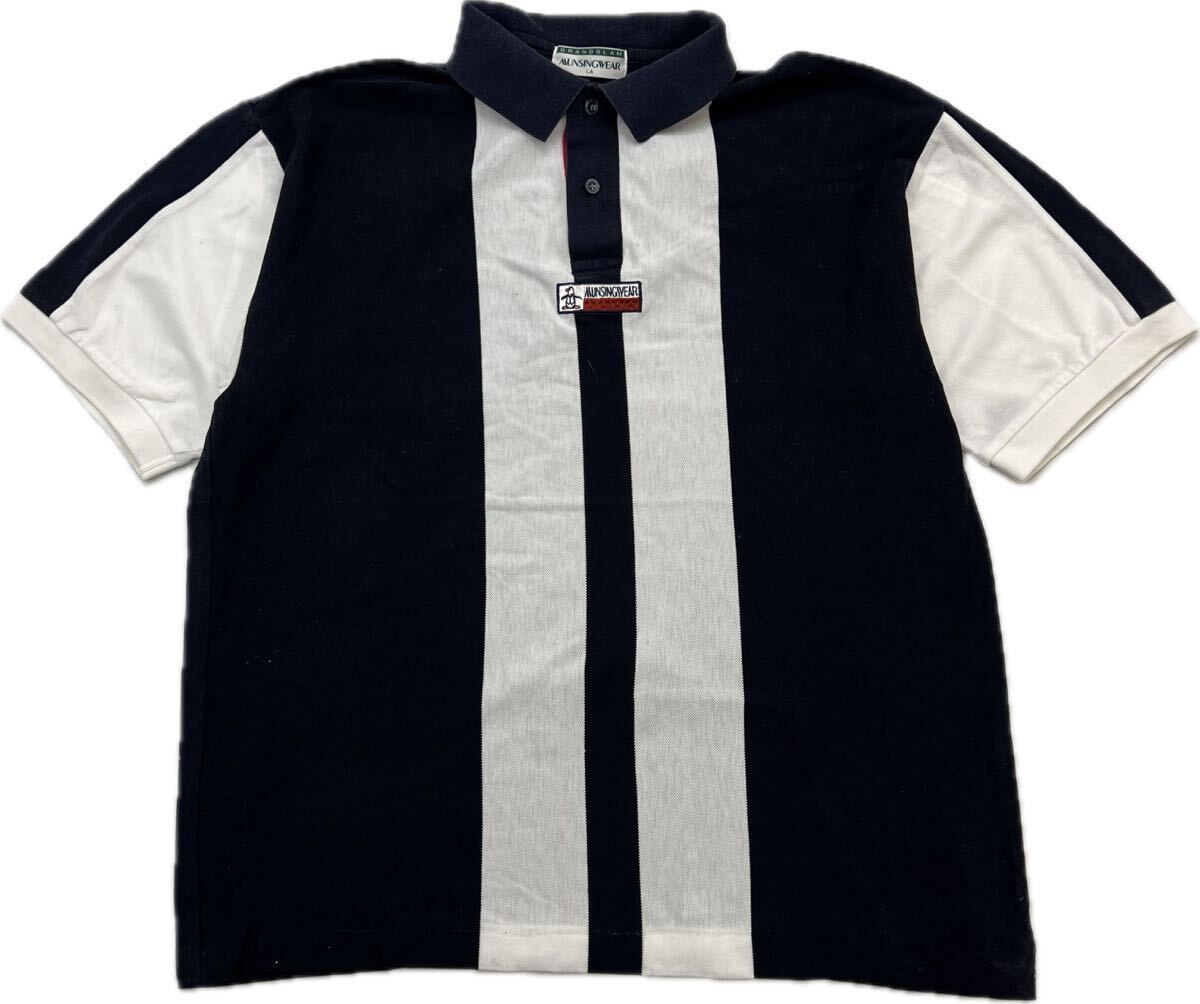 【中古】 Munsingwear ☆ デザインライン◎ ボックスロゴ◎ 半袖 ポロシャツ ネイビー ホワイト L ゴルフ グランドスラム マンシングウェア■FC191