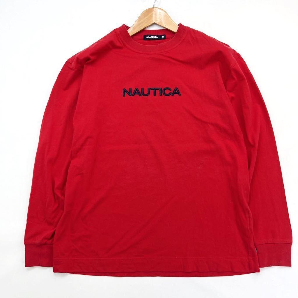 【中古】 NAUTICA ☆ 春夏の主役カラー◎ ロゴ刺繍◎ 長袖 Tシャツ ロンT レッド M アメカジ ストリート ゆるだぼ 古着MIX ノーティカ■S1530