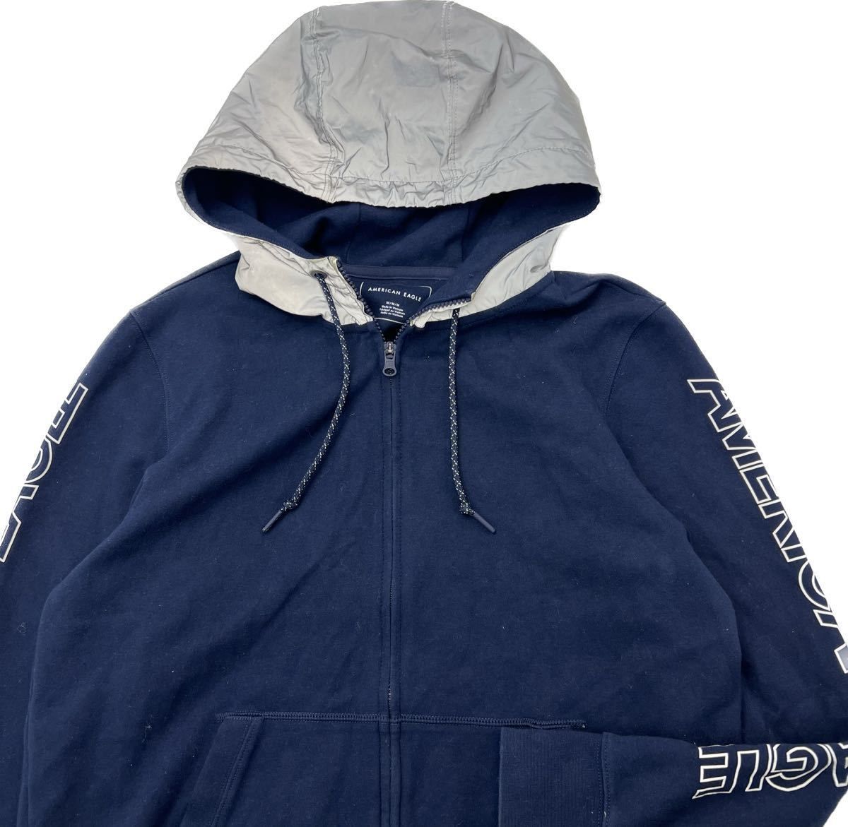 Rakuten - 【中古】American Eagle ☆ デザイン◎ スウェット パーカー ネイビー フード シルバー M スポーツ アメカジ アウトドア アメリカンイーグル■AK287