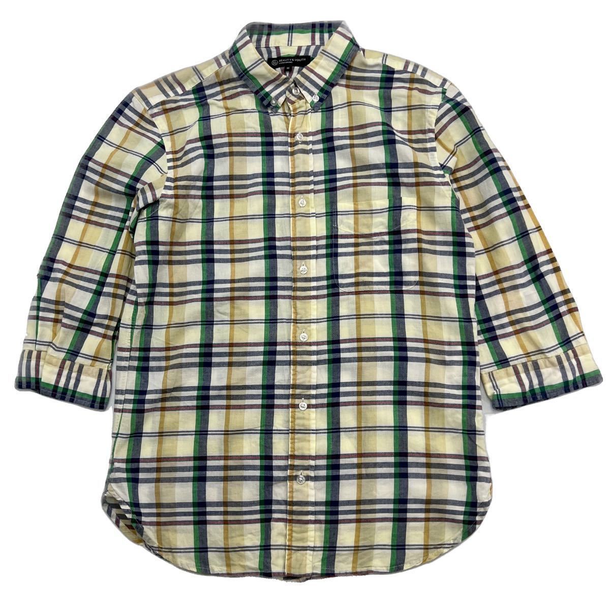 Rakuten - 【中古】BEAUTY＆YOUTH UNITED ARROWS ☆ 爽やか配色◎ イエロー カラフル チェック 七分袖 シャツ M 大人カジュアル ユナイテッドアローズ■AL209