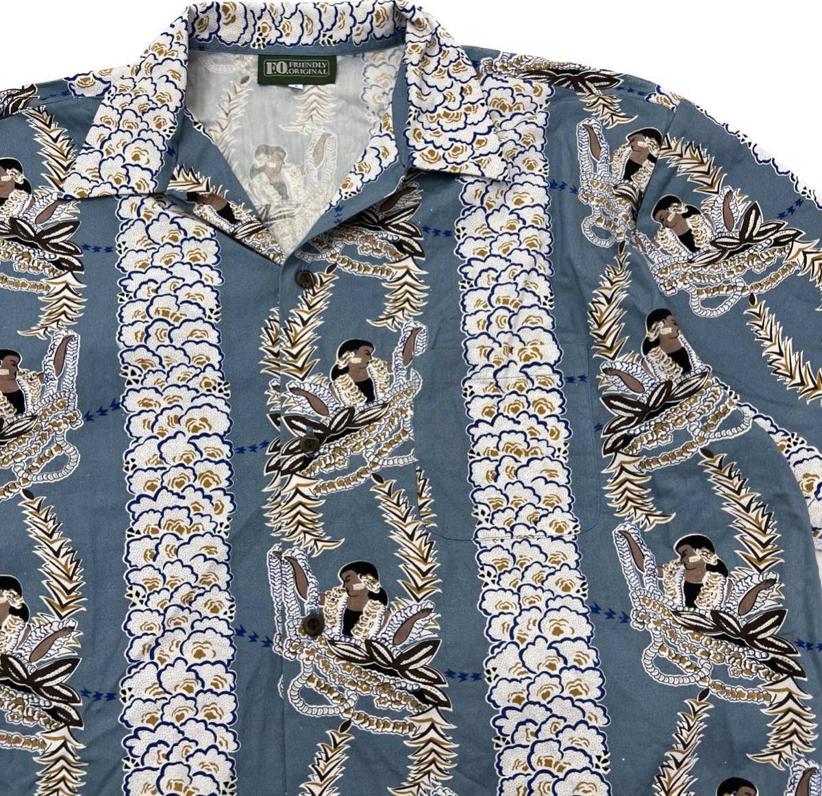 Rakuten - 【中古】FO ☆ コットン デザイン アロハシャツ フラダンス ハワイアンシャツ ライトネイビー L 春夏 アメカジ リゾート 大人カジュアル ■AM240