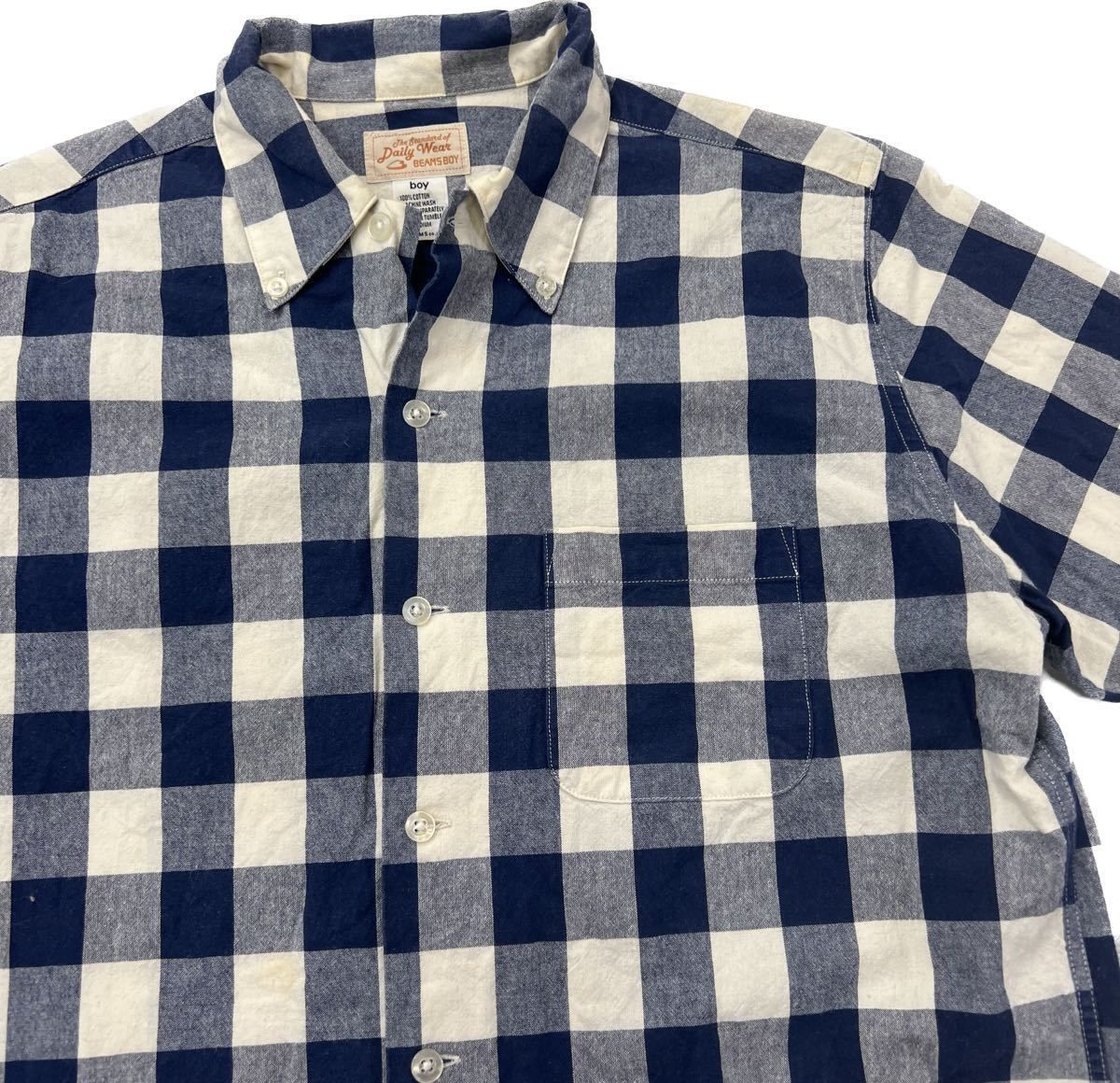 Rakuten - 【中古】BEAMS BOY ☆ ブロックチェック 半袖 シャツ コットン チェックシャツ ネイビー ホワイト BOY M相当 メンズライク ビームスボーイ■BE232