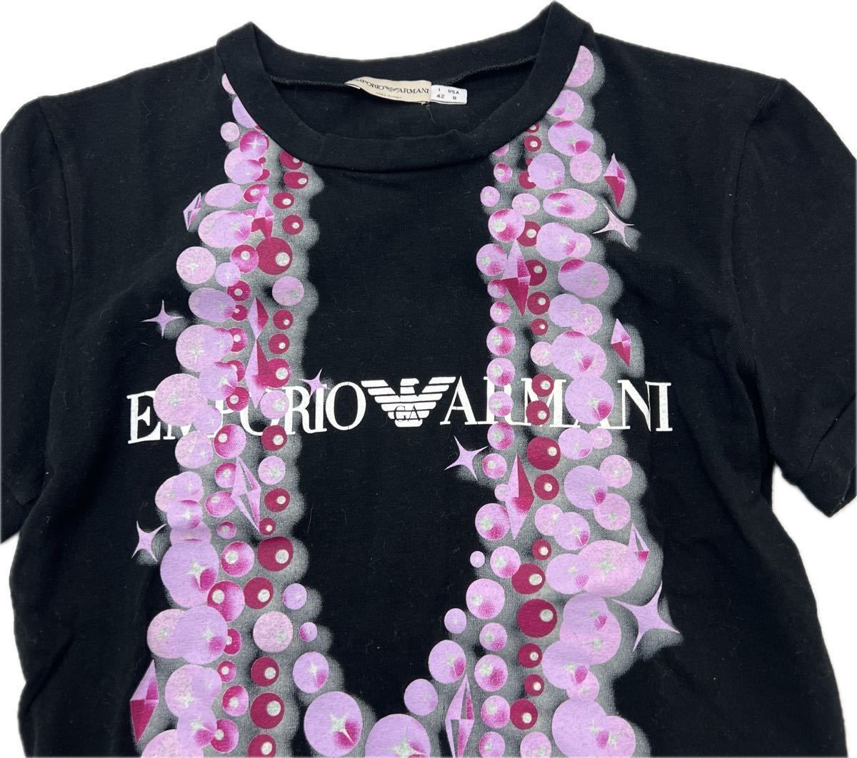 Rakuten - 【中古】EMPORIO ARMANI ☆ 天然石アクセサリー デザイン プリント Tシャツ 半袖 ブラック レディース 8 42 S相当 エンポリオアルマーニ■BE253