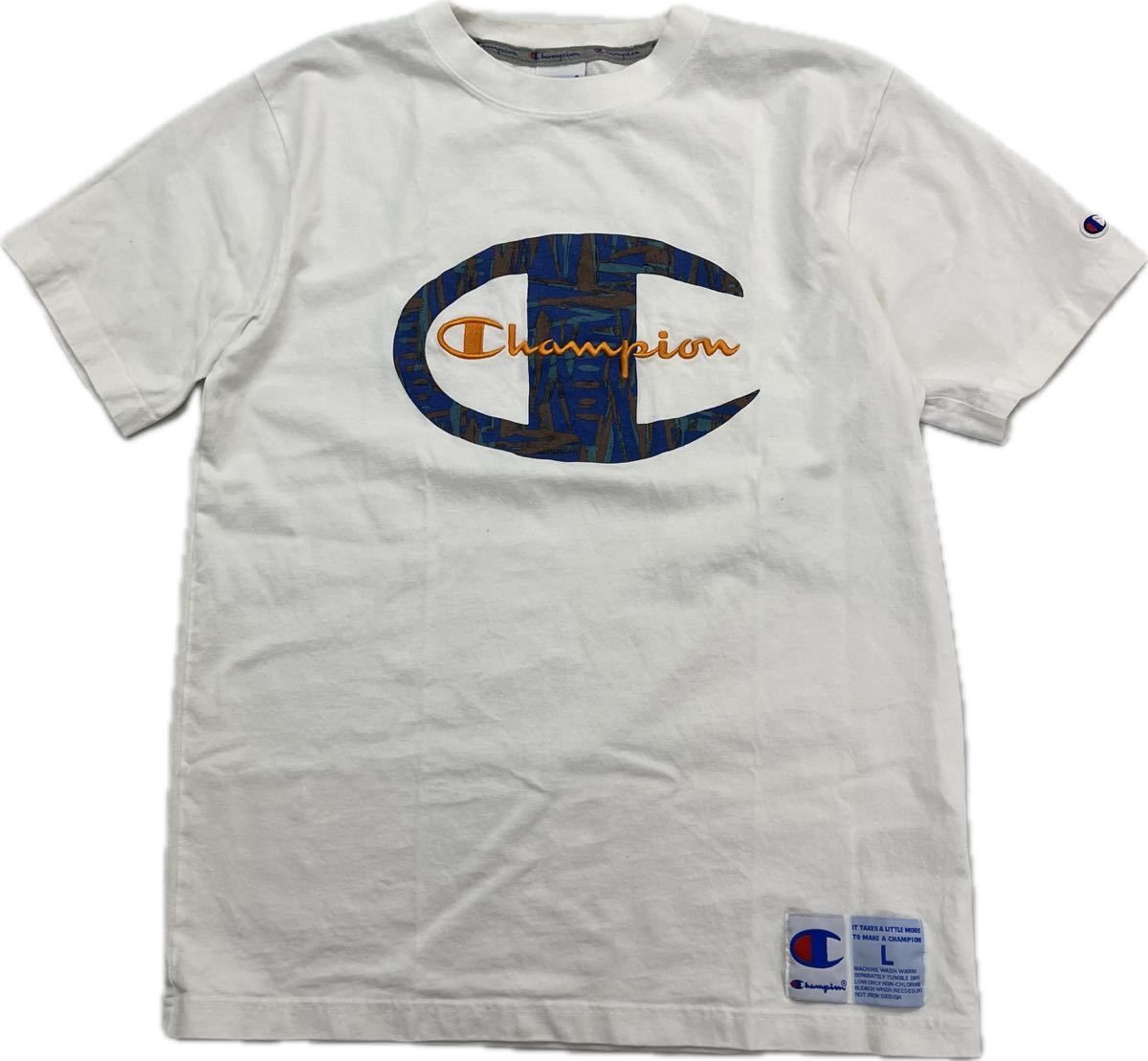 Rakuten - 【中古】Champion ☆ ビッグロゴ◎ 半袖 Tシャツ ホワイト L 春夏 スポーツ ストリート カジュアル 古着 ユーズド 人気 定番 チャンピオン■BL116