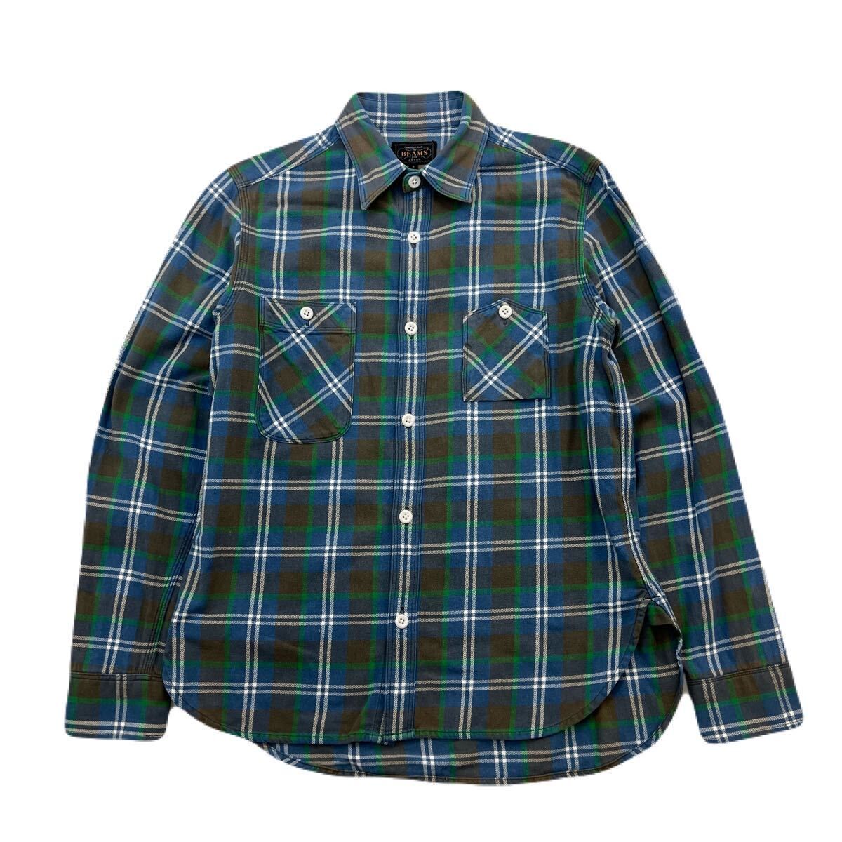 【中古】BEAMS + PLUS ビームス プラス ブルー グリーン チェック ネルシャツ 長袖 シャツ S メンズ 秋冬 ワーク アメカジ ストリート 古着■S4199