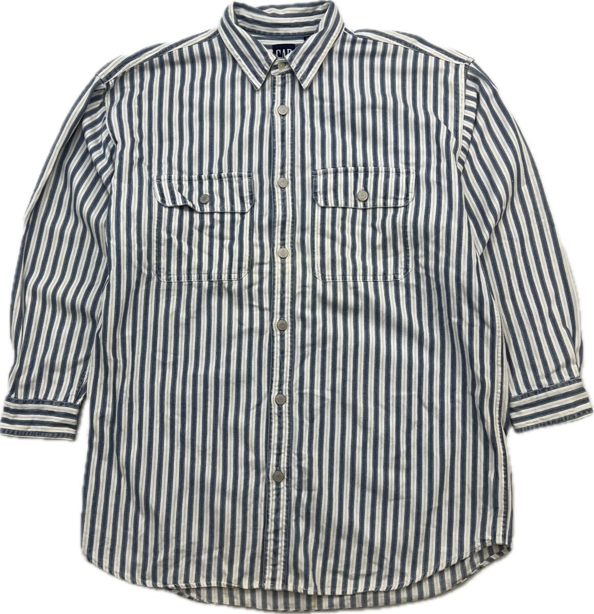 Rakuten - 【中古】90s ☆ GAP ☆ オールド ギャップ ストライプ シャツ 長袖 ブルー ホワイト XXL メンズL相当 ワーク アメカジ ゆるだぼ ストリート ■F269