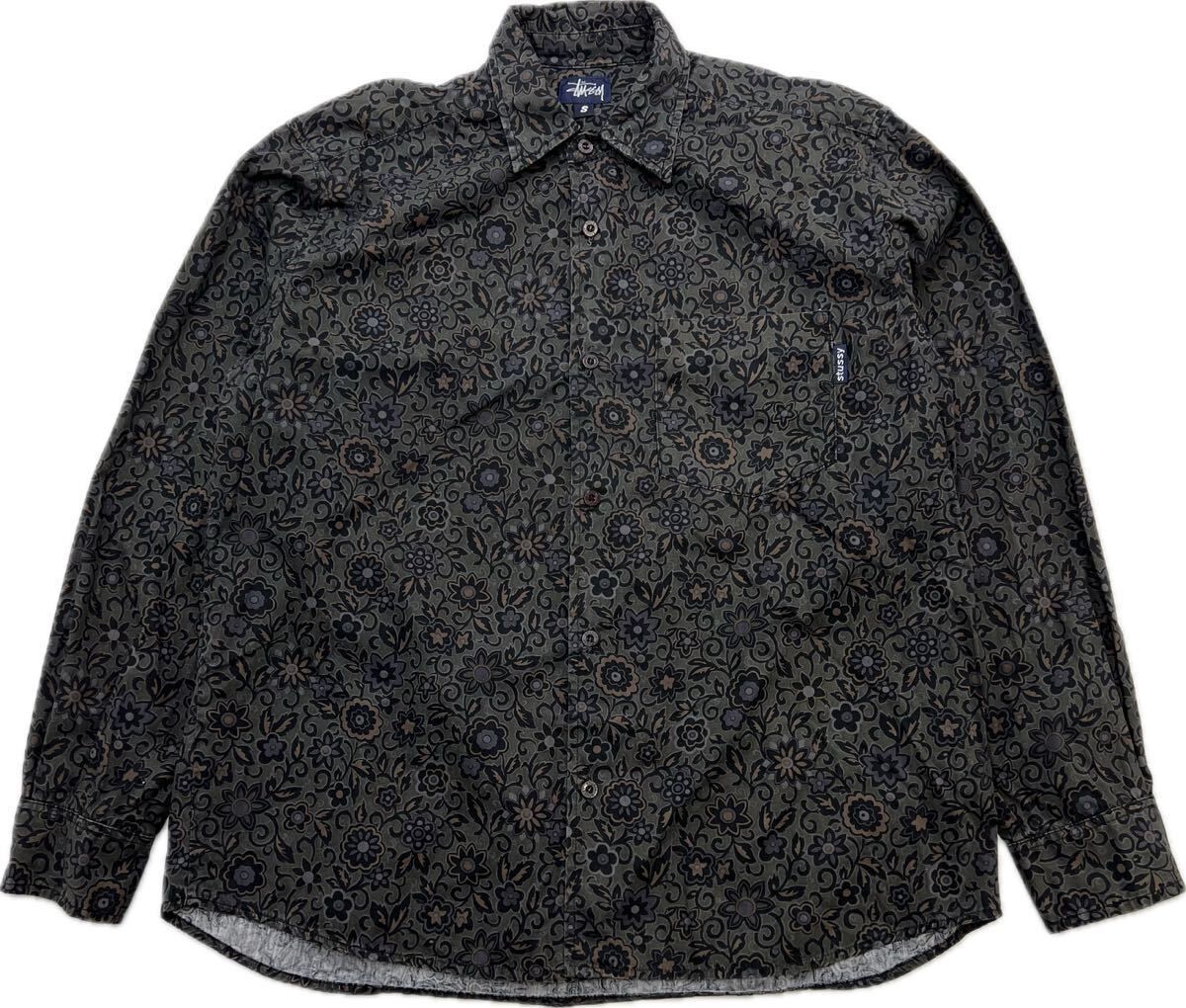 【中古】90s ☆ STUSSY ☆ USA製 レトロ柄 総柄 シャツ 長袖 オリーブ S ストリート スケーター アメカジ 人気 古着 オールド ステューシー■FA295