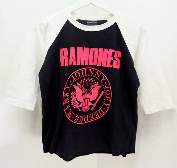  ■ラモーンズ RAMONES 両面ロゴ 小さめ レディース S相当 黒×白 七分丈Tシャツ■A18