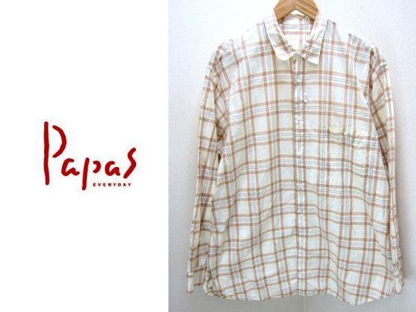 【中古】 ●パパス PAPAS★オフホワイト×茶チェック長袖シャツL●BE