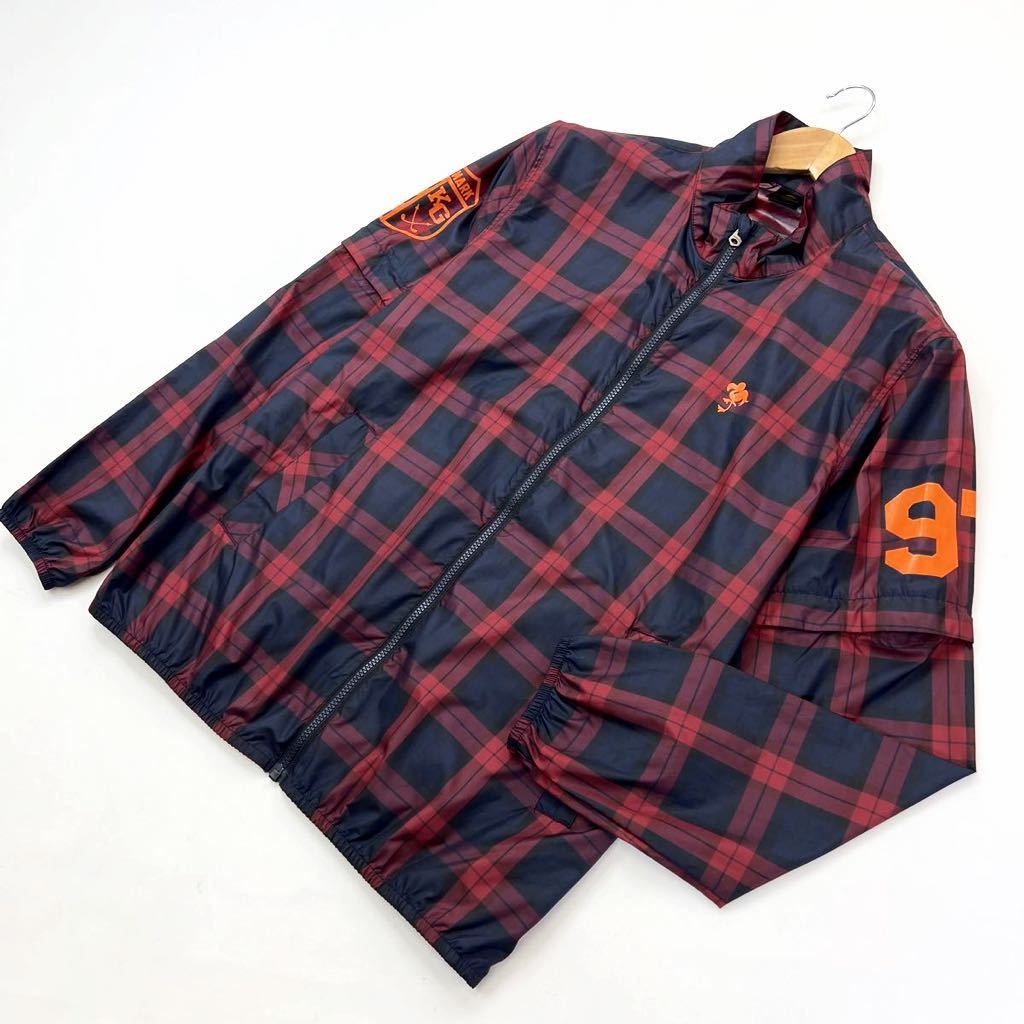 【中古】 kissmark GOLF ☆ オシャレ♪ 半袖なる2way◎ ナイロンジャケット ウィンド ワインレッド ネイビー チェック LL キスマーク ゴルフ■EF233