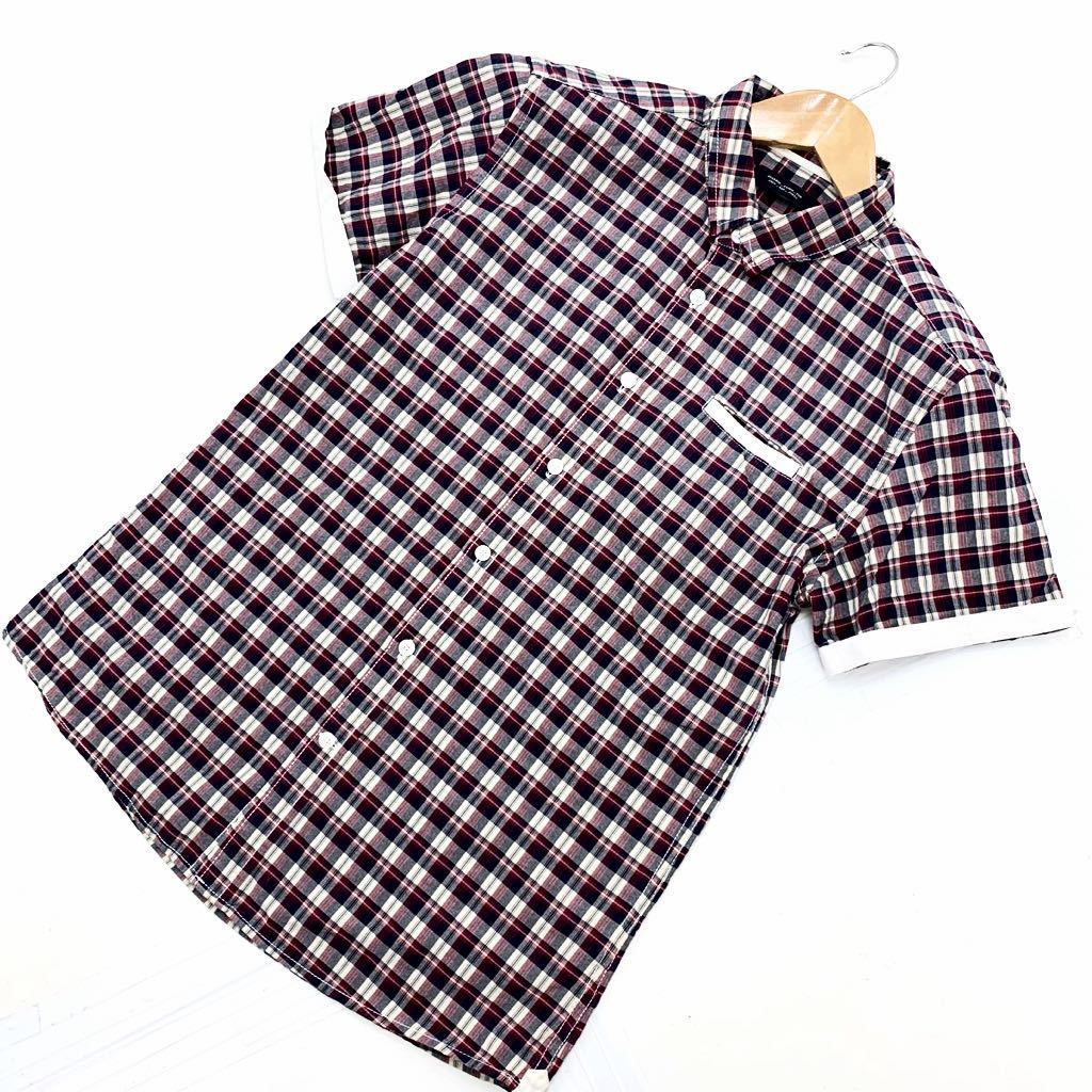 【中古】 Jack & Jones ☆ オーランド ブルーム 半袖 チェック シャツ レッド ブラック スタイリッシュ スリム M 春夏 ジャック&ジョーンズ ■FF2