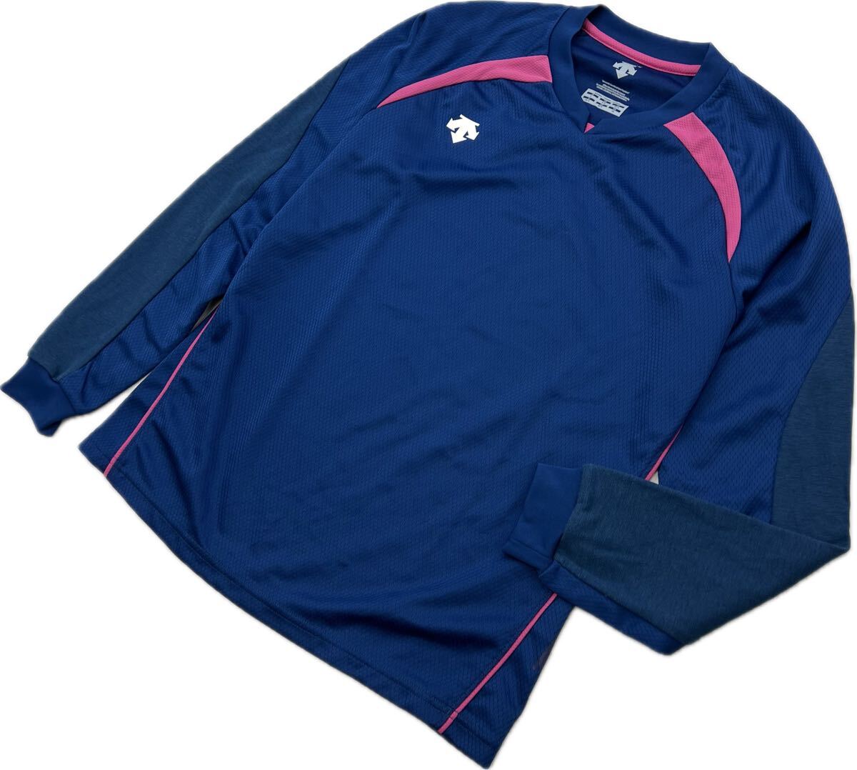 【中古】 DESCENTE ☆ デサント ポリシャツ 長袖 Tシャツ インナー シャツ ネイビー ピンク レディース L スポーツ バレーボール トレーニング■I348
