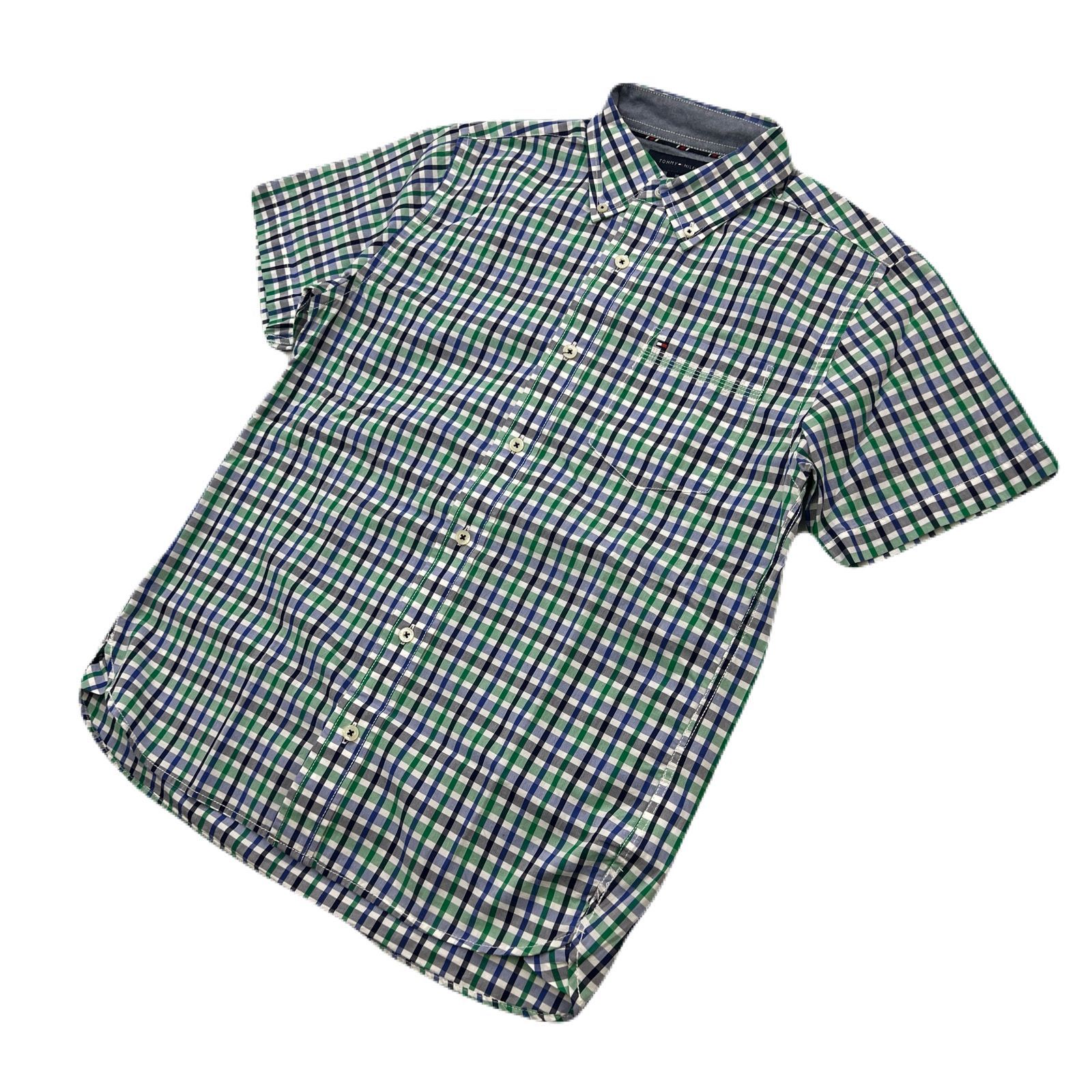 Rakuten - 【中古】TOMMY HILFIGER シャツ 半袖 メンズ M チェック柄 【 爽やかなグリーン系チェック 】 ボタンダウン トミーヒルフィガー ●AD350