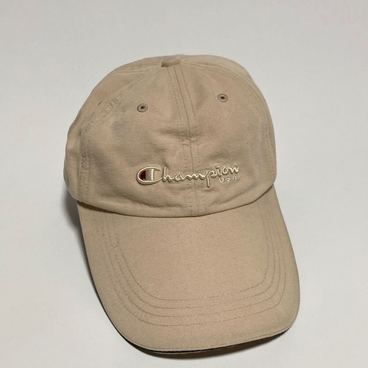 【中古】 チャンピオン ロゴ刺繍 ツバ長 キャップ 帽子 ベージュ 61-63cm メンズ 春夏 通年 スポーツ アウトドア アメカジ Champion ■LIBC72