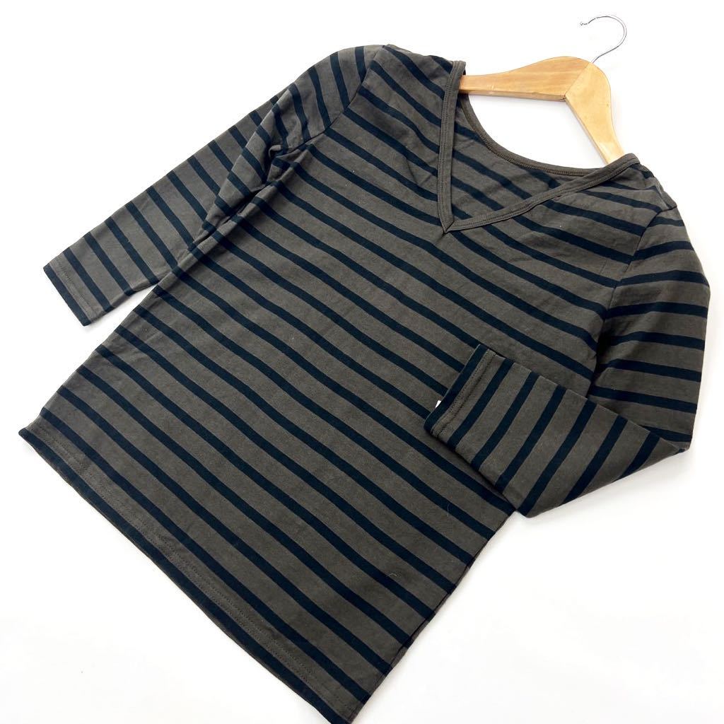  フランス製 ☆ Leminor 通年着回し◎ グレー ブラック ボーダー 七分袖 Vネック カットソー シャツ レディース 1 大人カジュアル ■S1503