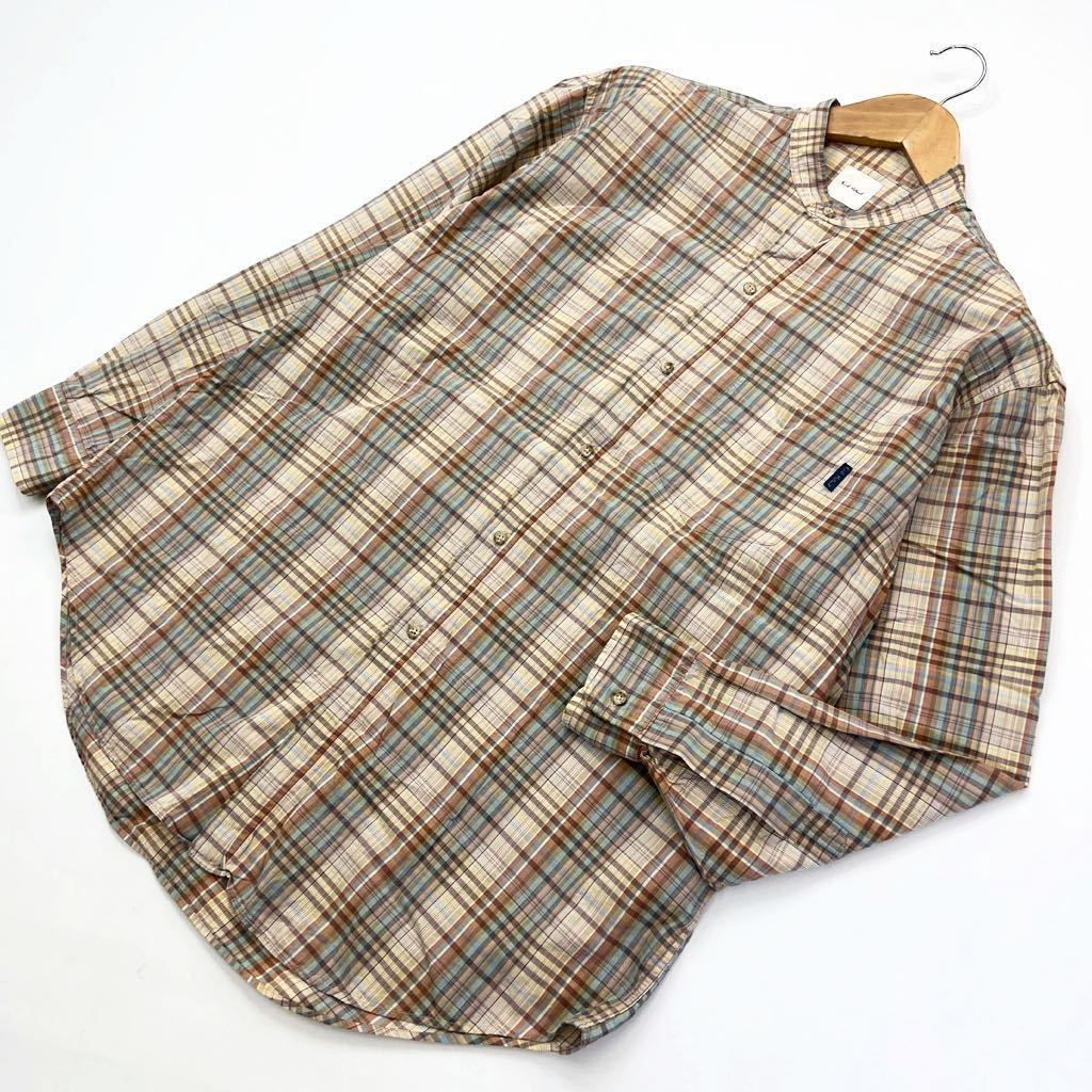 【中古】 カールヘルム ☆ Karl Helmut 清潔感と落ち着き◎ ライトブルー ブラウン系 チェック ノーカラー シャツ 長袖 M 大人カジュアル■S846