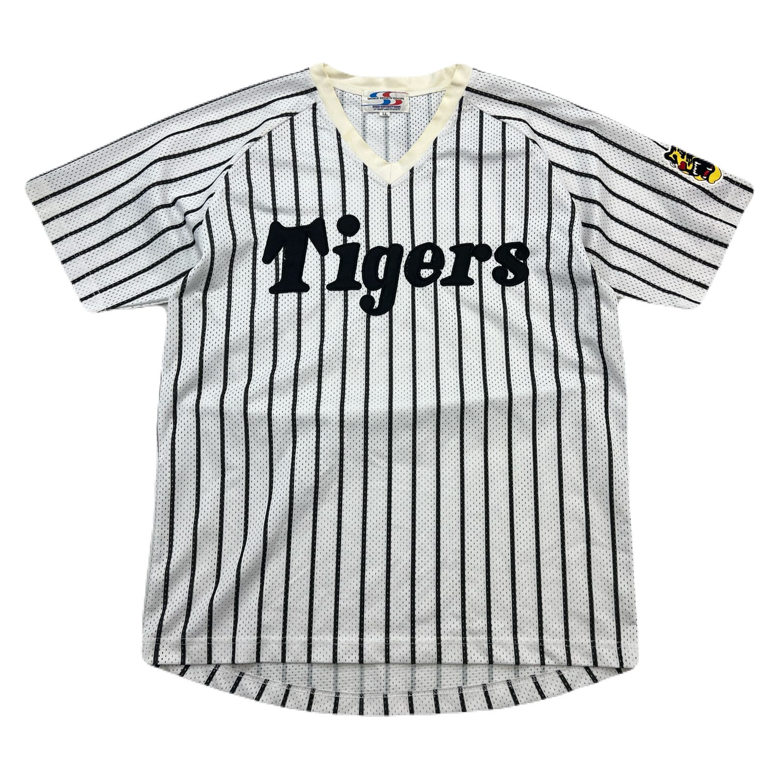  阪神タイガース ベースボールシャツ 半袖 メンズ LL ホワイト ブラック ピンストライプ メッシュ Vネック ユニフォーム 応援グッズ 当時物 ヴィンテージ WORLD SPORTS GOODS Tigers