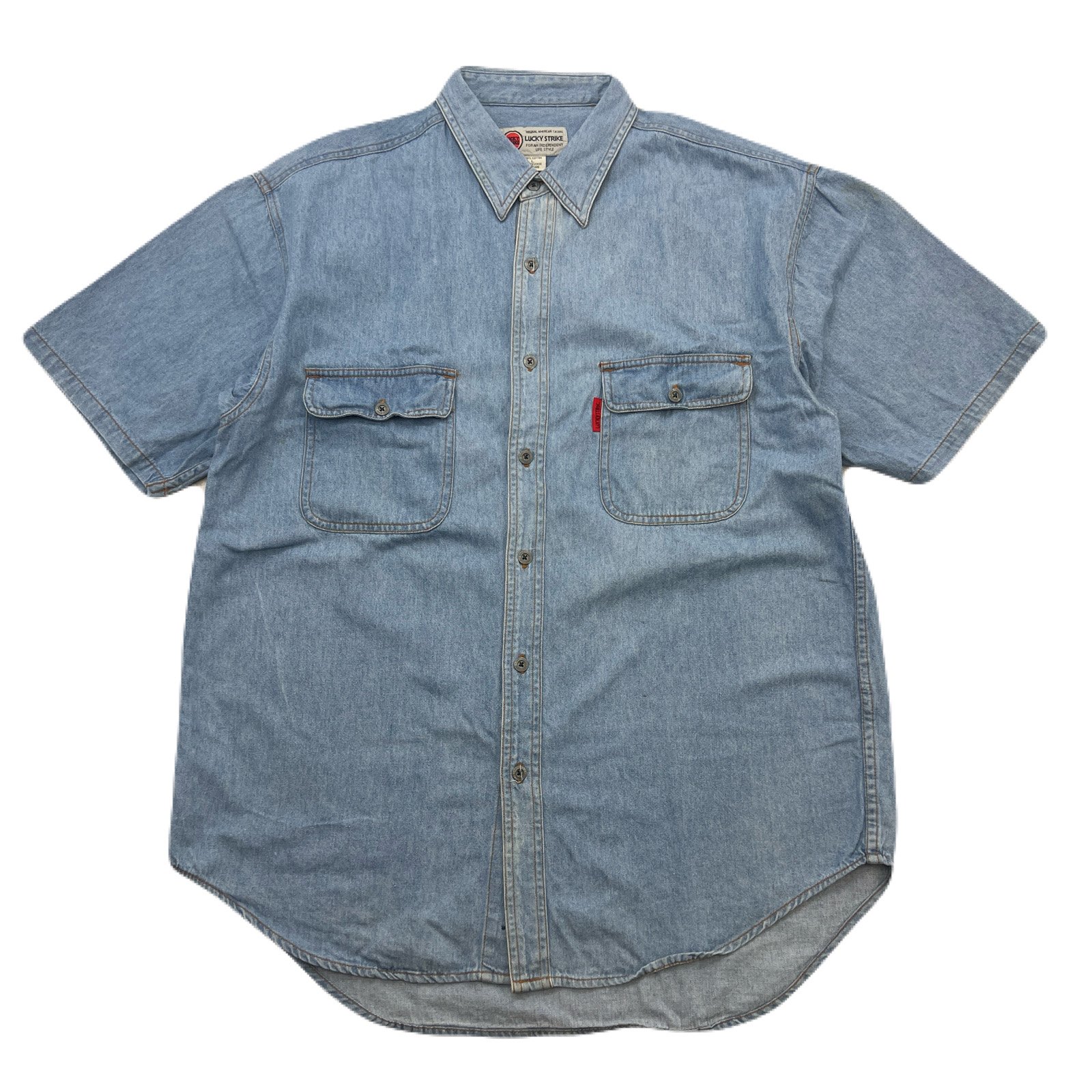 【中古】 LUCKY STRIKE ラッキーストライク デニムシャツ 半袖 メンズ L ライトブルー ダンガリー 企業モノ タバコ