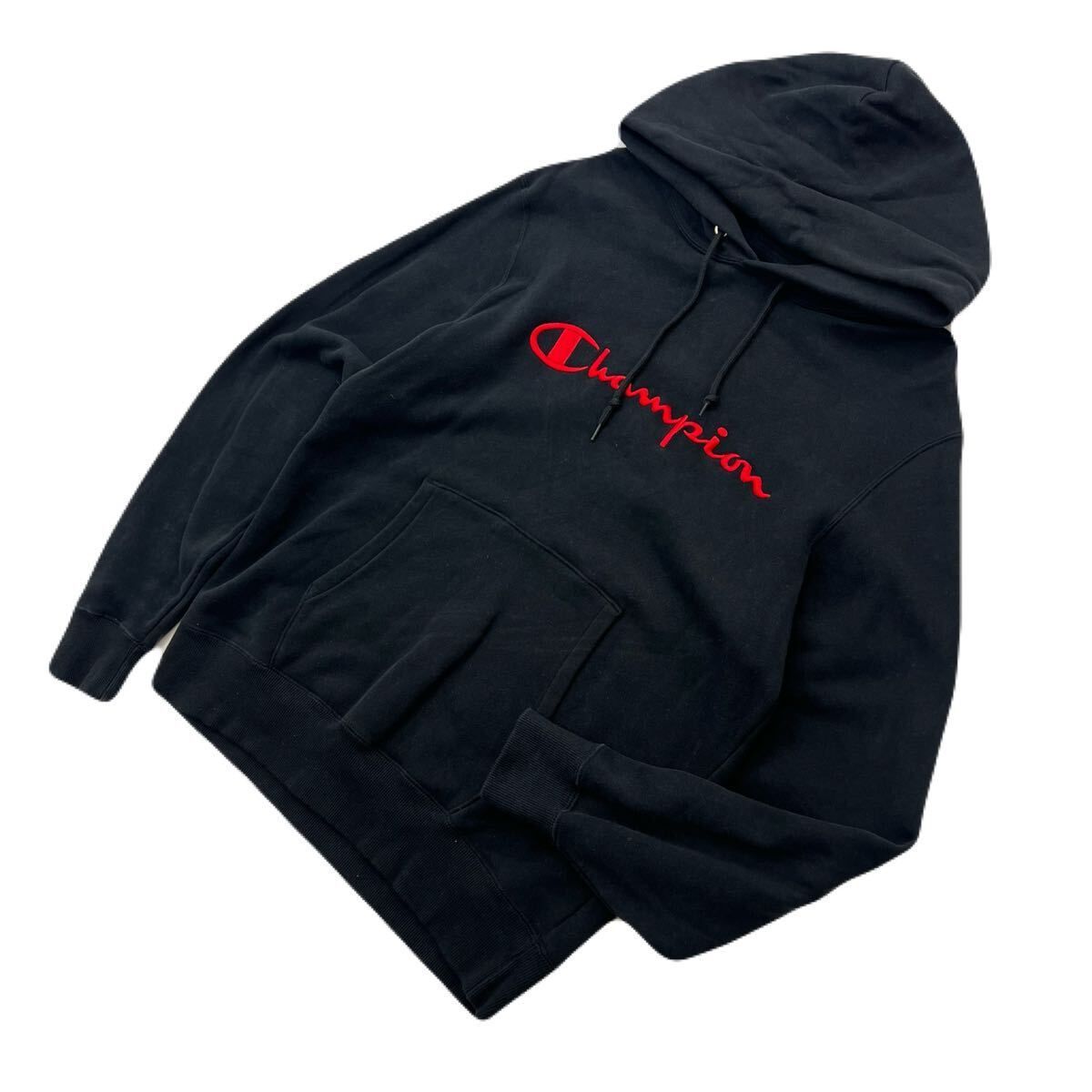 Rakuten - 【中古】Champion チャンピオン スウェット プルオーバー パーカー フーディー ブラック レッド 刺繍ロゴ L 秋冬 スポーツ ストリート 古着■AE357