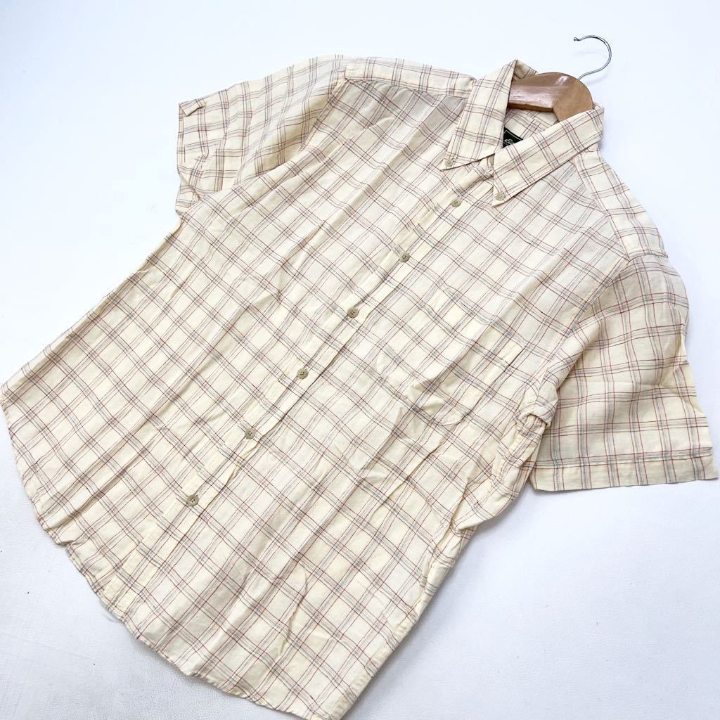 乐天商城 - 【中古】エディーバウアー ☆ Eddie Bauer 半袖 シャツ チェック リネンシャツ 麻混 S イエロー 肌触り良い素材感♪ アメカジ 大人カジュアル■S78