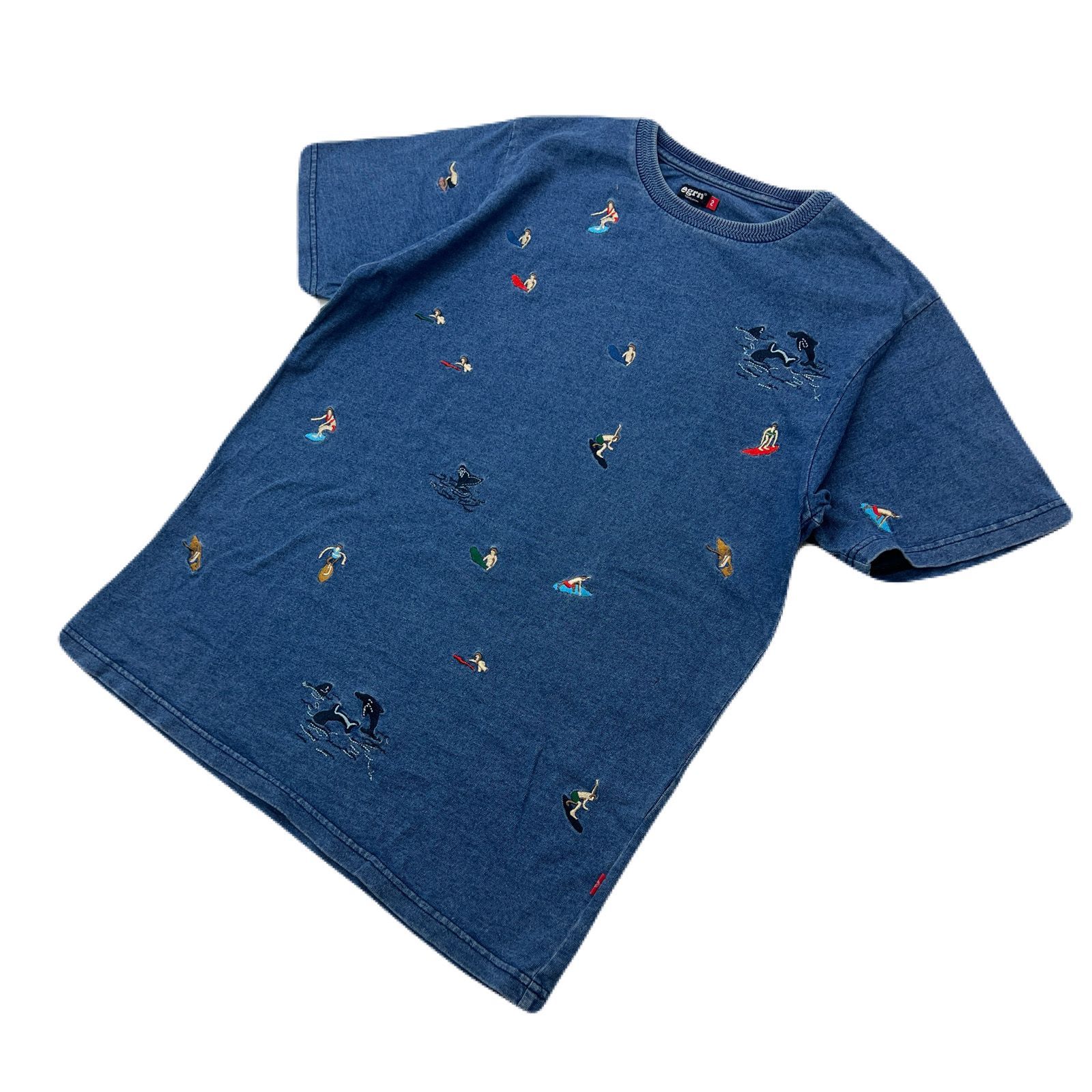 乐天商城 - 【中古】GRN ジーアールエヌ Tシャツ 半袖 メンズ サイズ2 ( Sサイズ相当 ) 【 前面総柄 サーフ 刺繍 】 ネイビー ●S4539