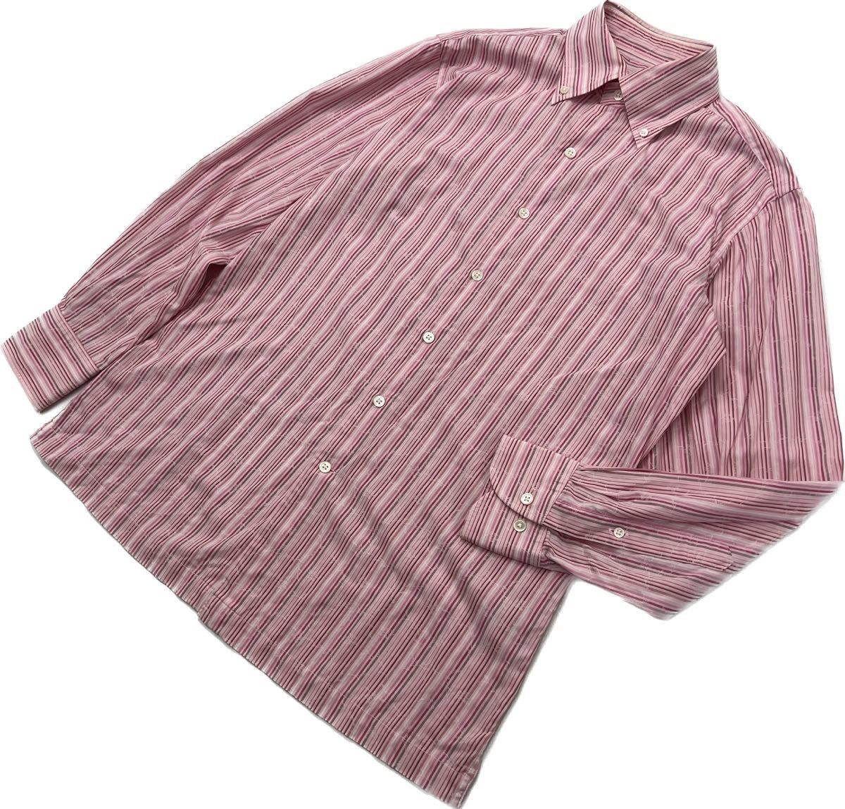 乐天商城 - 【中古】美品 ☆ Santa fe 日本製 ピンク ストライプ ボタンダウン シャツ 長袖 46 清潔感◎ オシャレ 紳士 大人カジュアル 人気 サンタフェ■BF229