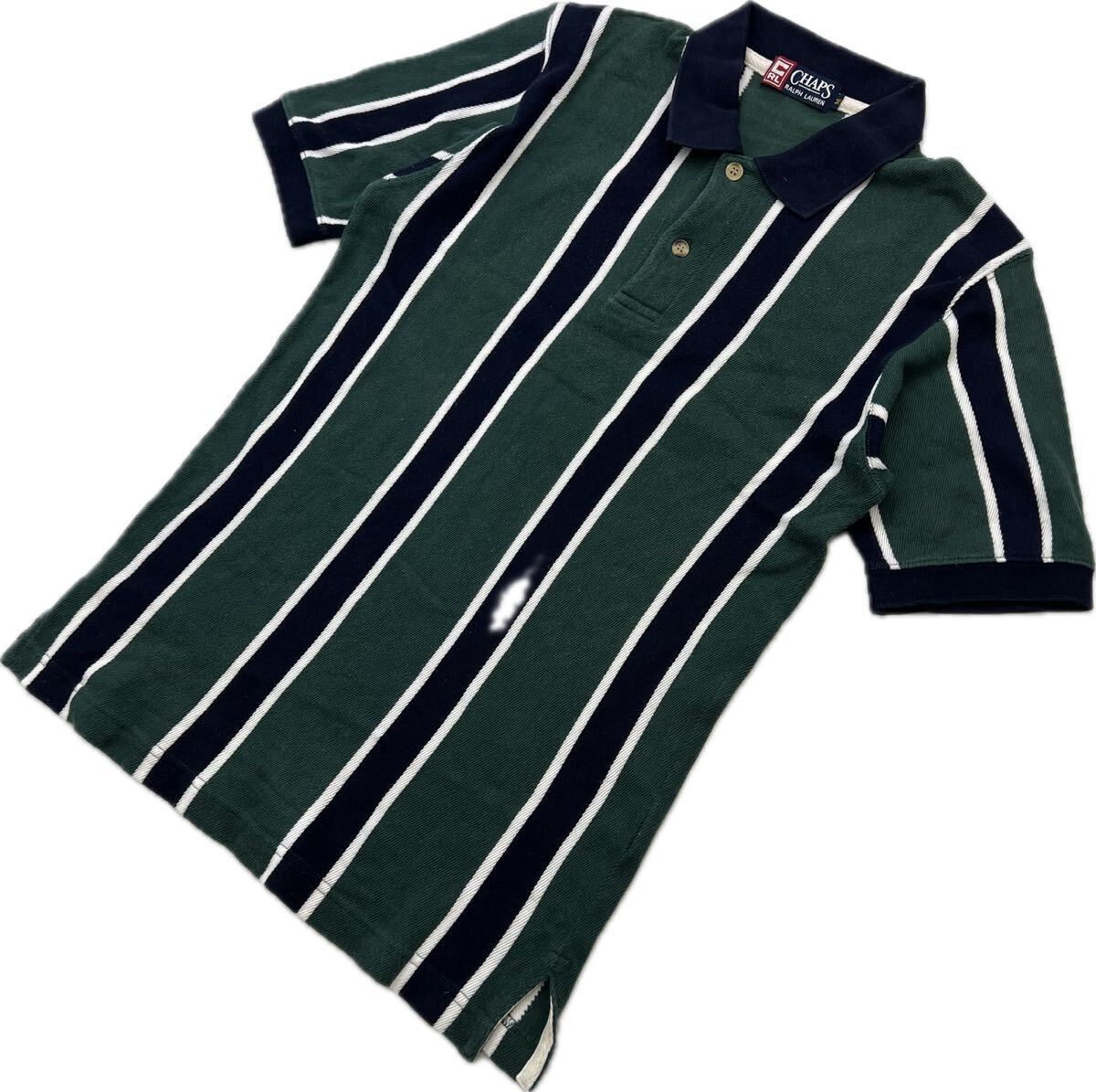 Rakuten - 【中古】CHAPS RALPH LAUREN ☆ デザイン ライン 半袖 ポロシャツ グリーン ネイビー M 春夏 アメカジ 大人カジュアル 古着 チャップス■BE278