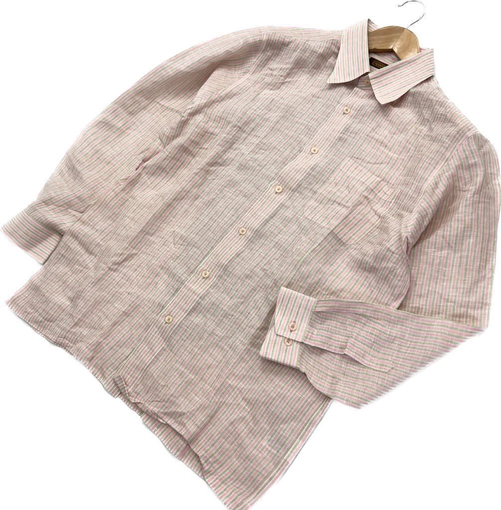 Rakuten - 【中古】アラミス ☆ ARAMIS 爽やかで清潔感◎ 麻 リネンシャツ 長袖 ボタンダウン シャツ ストライプ ピンク グリーン LL 大人カジュアル■AB225
