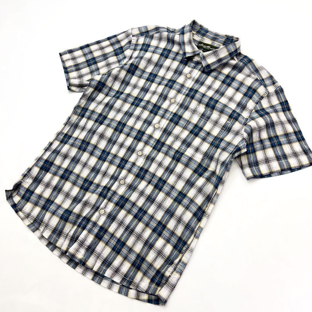 Rakuten - 【中古】Eddie Bauer ☆ 配色パターン◎ ポリ コットン チェック 半袖 シャツ ネイビー グレー L アメカジ 大人カジュアル エディーバウアー■AF245