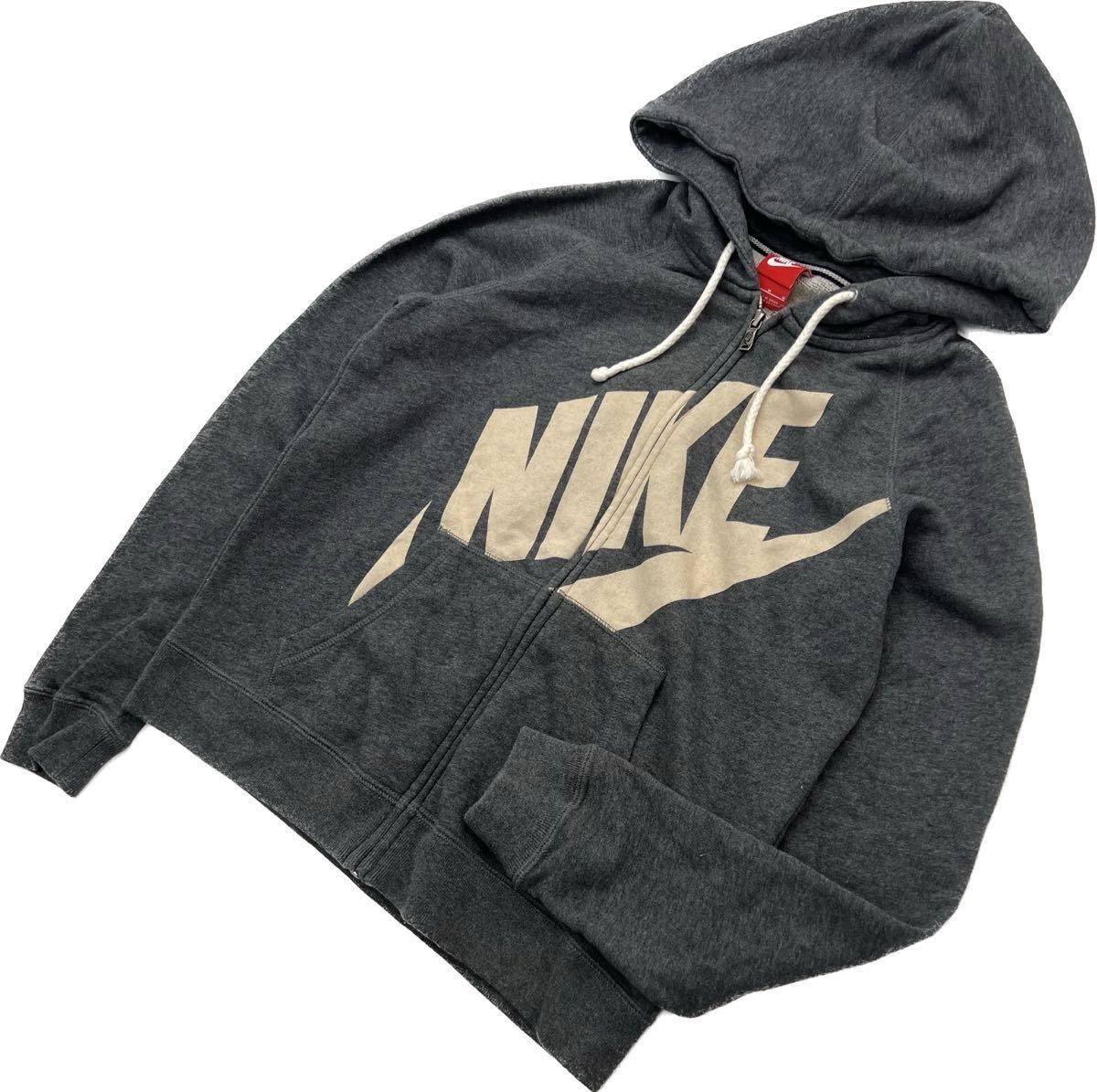 楽天MYSTERIES楽天市場店【中古】NIKE ☆ デザイン ロゴ スウェット パーカー レディース M ダークグレー チャコール スポーツ トレー二ング デイリーユース ナイキ■AL228