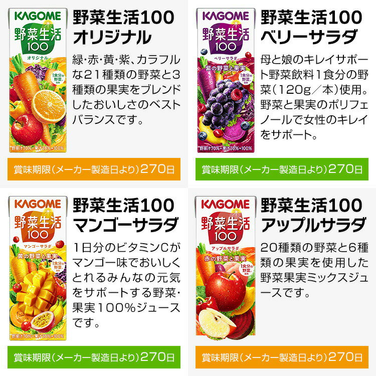 野菜ジュース 野菜生活 野菜生活100 カゴメ 定番人気紙パック商品 (6種類×4本) 24本セット pgg お歳暮 冬ギフト