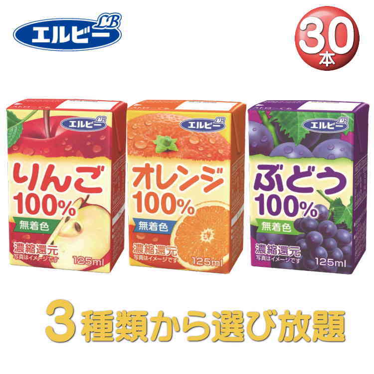 エルビー果汁100％ジュース りんご100％ オレンジ100％ ぶどう100％ 125ml 3種類から選び放題 30本