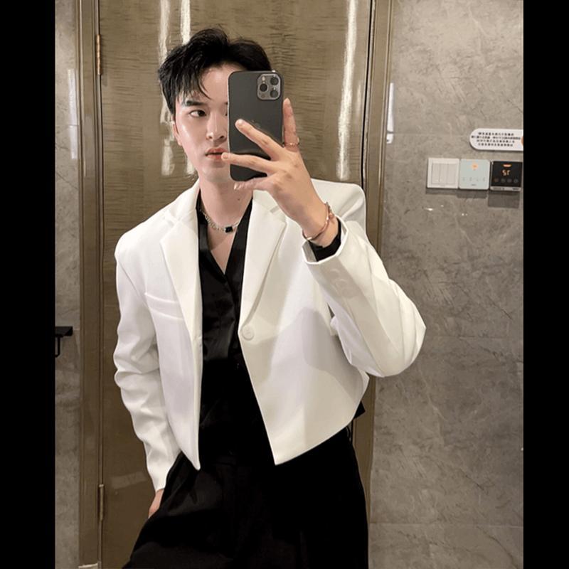 紳士服 メンズ スーツ ジャケット ショート丈 短丈 クロップド ブレザー 衣装 クール おしゃれ 白 黒 2色展開 春秋 ハイエンド 韓国 カジュアル ホワイト 上着 モード ファッション アウター 洗練されたデザインで多様なシーンに最適な高品質メンズジャケット