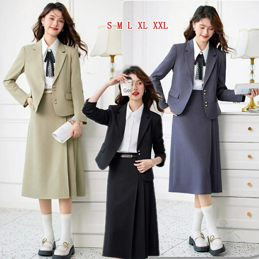 レディーススーツセット スカートスーツ ロング丈スカート リボン付きシャツ フォーマル長袖コート ビ..