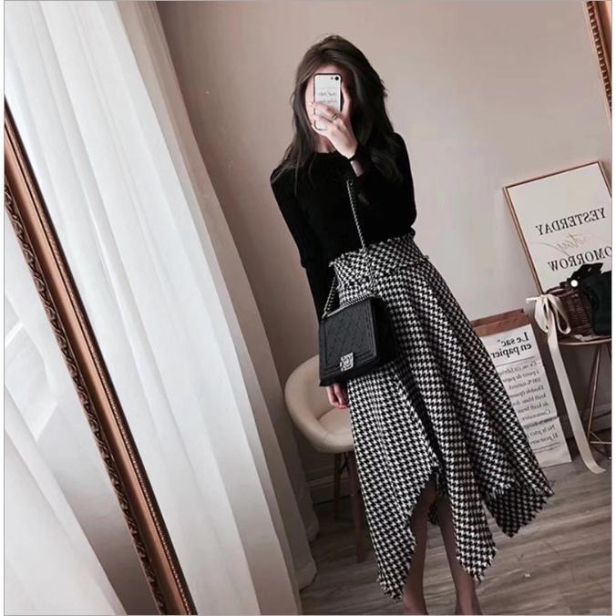 スカートセットアップ レディース 2点セット 上下セット ニット カットソー ロングスカート チェック柄..