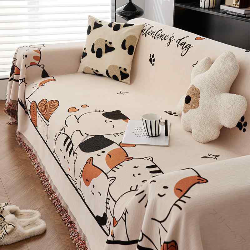 ソファカバー 猫柄 シェニール素材 肘付き かわいいマルチカバー ソファタオル 傷防止 爪とぎ防止 中式..