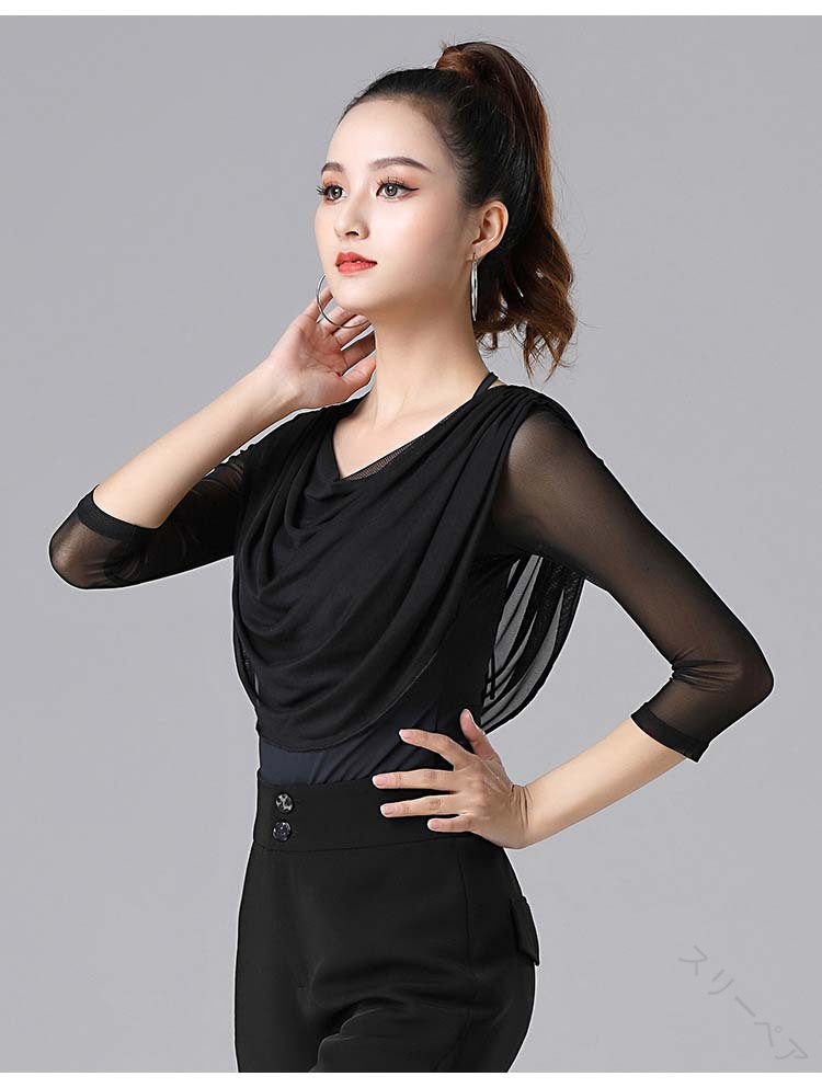 レディース 社交ダンス モダンダンス スタンダード ラテンダンス タンゴ ワルツ トップス 七分袖 フリ..