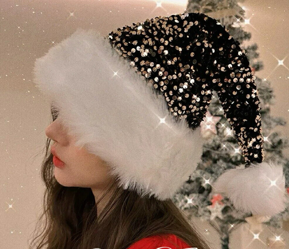 クリスマス サンタクロース サンタ帽子 スパンコールブラック 光沢鮮やかパーティーグッズ 伝統的デザ ...