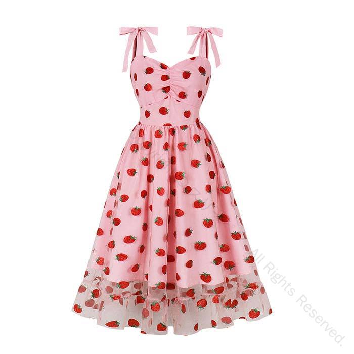 レトロドレス イチゴ柄 可愛い レディースドレス ノースリーブ チュール 膝丈 ワンピース フランス風 大きい裾 ピンク 普段着 舞台演出 Aライン レトロワンピース キャミソール 復古なフランス風ドレス 苺 学園祭 ダンスウェア 文化祭 イベント パーティードレス おしゃれで