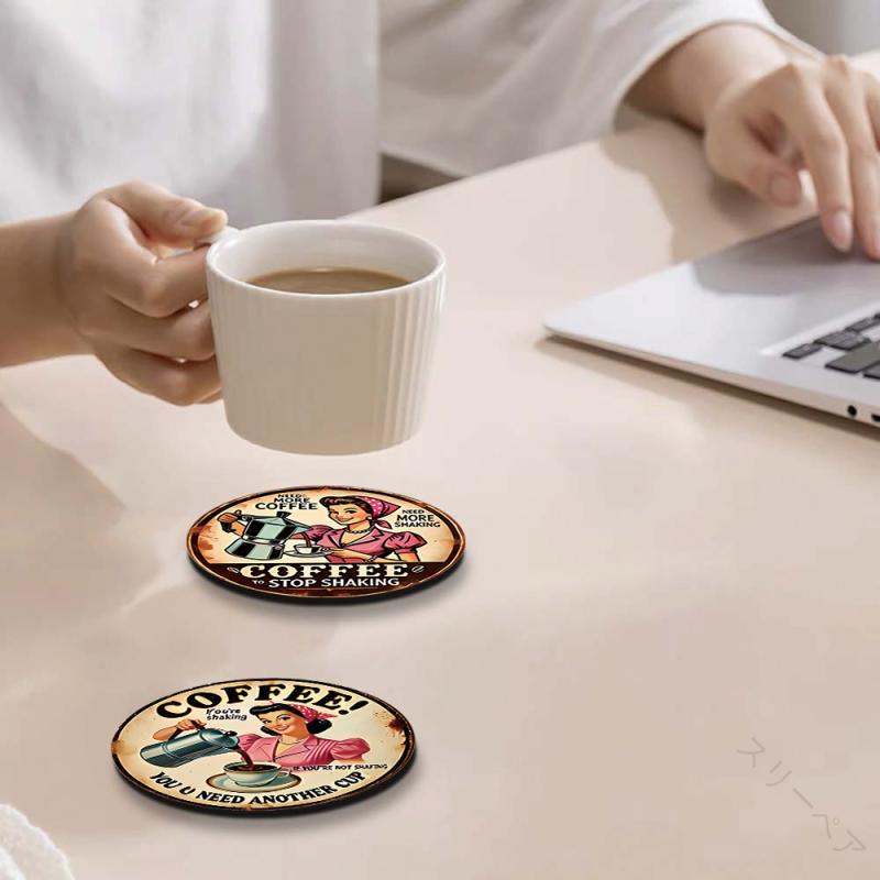 コースター 断熱 撥水 滑り止め 木製 ウッド 人気 UVプリント アメリカンレトロ レトロガール コーヒー..