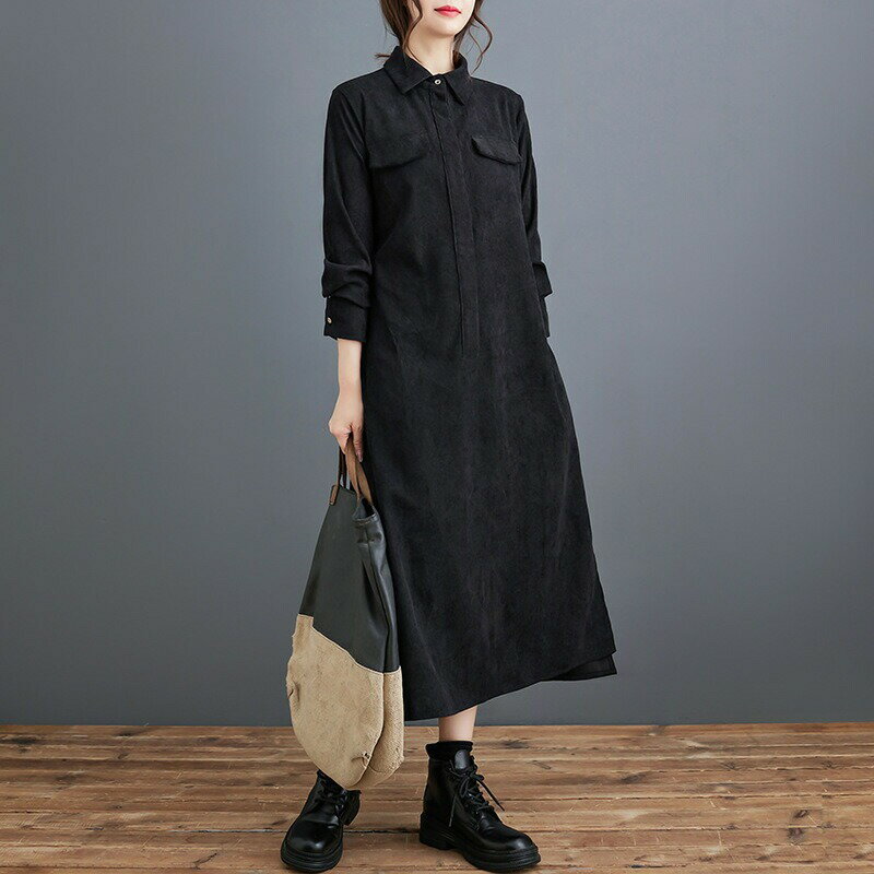 レディース シャツワンピース 長袖 ポロネック ミモレ丈 ワンピース コーデュロイ素材 ゆったり ロング..